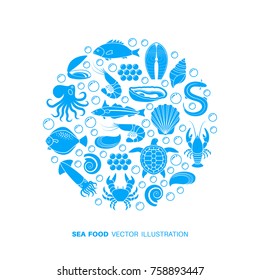 Seafood and fish icons. Crab lobster flounder salmon dorado eel mussel squid octopus turtle caviar haddock oyster scallop vector illustration for restaurant menu, food market, shop in flat style