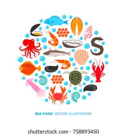 Seafood and fish icons. Crab lobster flounder salmon dorado eel mussel squid octopus turtle caviar haddock oyster scallop vector illustration for restaurant menu, food market, shop in flat style