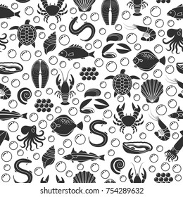 Seafood and fish icons seamless pattern. Crab lobster flounder salmon dorado eel mussel squid octopus turtle caviar haddock oyster scallop vector illustration for restaurant menu, food market, shop