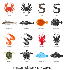 Seafood and fish icons set. Crab, lobster, shrimps, flounder, dorado, eel, turtle, haddock. Two types of illustrations in flat style and black silhouette for restaurant menu, food market or shop