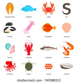 Seafood and fish icons set. Crab, lobster, flounder, shrimps, dorado, eel, turtle, haddock, salmon, mussel, squid, octopus, caviar, oyster, scallop in flat style for restaurant menu, food market