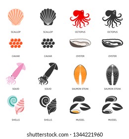 Seafood and fish icons set. Salmon, mussel, squid, octopus, caviar, oyster and scallop. Two types of illustrations in flat style and black silhouette for restaurant menu, food market or shop