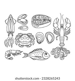 mariscos, peces, ilustración, comida, océano, mar, vector, menú, camarón, restaurante, cangrejo, diseño, boceto, pulpo, set, animal, fondo, gráfico, guijarros dibujados a mano de mariscos ilustraciones conjunto vectorial