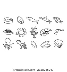 seafood, fish, illustration, food, ocean, sea, vector, menu, shrimp, restaurant, crab, design, sketch, octopus, set, animal, background, graphic, shellfish hand drawn doodle illustrations vector set