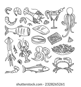 seafood, fish, illustration, food, ocean, sea, vector, menu, shrimp, restaurant, crab, design, sketch, octopus, set, animal, background, graphic, shellfish hand drawn doodle illustrations vector set