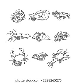 seafood, fish, illustration, food, ocean, sea, vector, menu, shrimp, restaurant, crab, design, sketch, octopus, set, animal, background, graphic, shellfish hand drawn doodle illustrations vector set