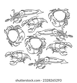 seafood, fish, illustration, food, ocean, sea, vector, menu, shrimp, restaurant, crab, design, sketch, octopus, set, animal, background, graphic, shellfish hand drawn doodle illustrations vector set