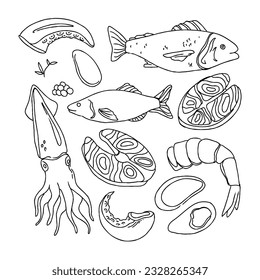 seafood, fish, illustration, food, ocean, sea, vector, menu, shrimp, restaurant, crab, design, sketch, octopus, set, animal, background, graphic, shellfish hand drawn doodle illustrations vector set