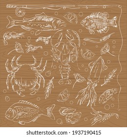 Seafood, fish, lemons, olives and a fishing rod drawn in white chalk on a background of brown wooden boards
