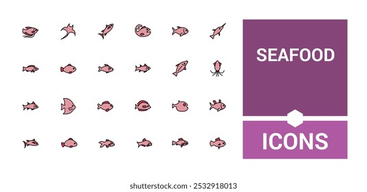 Seafood and fish line colorful icons set. Collection of outline types filled color sign. Editable stroke. Pixel perfect symbol pack. Vector illustration.