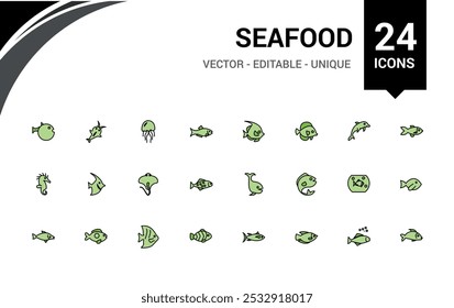 Seafood and fish line colorful icons set. Collection of outline types filled color sign. Editable stroke. Pixel perfect symbol pack. Vector illustration.