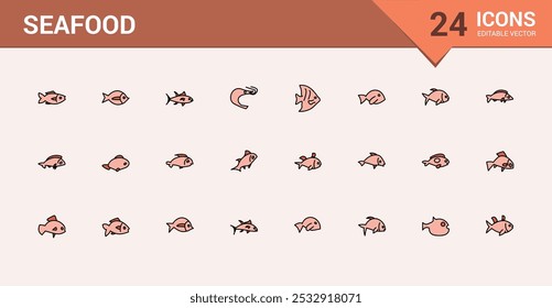 Seafood and fish line colorful icons set. Collection of outline types filled color sign. Editable stroke. Pixel perfect symbol pack. Vector illustration.