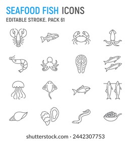 Seafood and fish line icon set, sea animals collection, vector graphics, logo illustrations, ocean animals vector icons, seafood and fish signs, outline pictograms, editable stroke