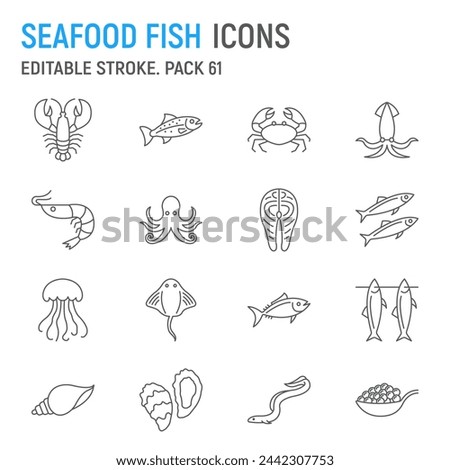 Seafood and fish line icon set, sea animals collection, vector graphics, logo illustrations, ocean animals vector icons, seafood and fish signs, outline pictograms, editable stroke
