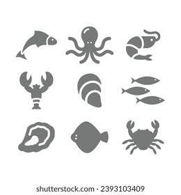 Seafood, fish and lobster vector icons. Sea, ocean food with oyster, octopus and mussels icon set.