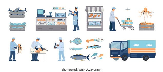 Seafood-Fisch-Markt flache Symbole mit menschlichen Zeichen Fahrzeug-Shocase und frische Produkte einzeln Vektorgrafik