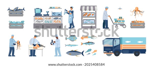 Seafood\
fish market flat icons set with human characters vehicle showcase\
and fresh products isolated vector\
illustration