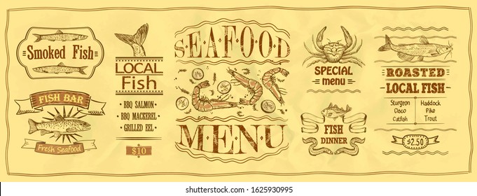 Seafood and fish menu board template, hand drawn graphic vector illustration