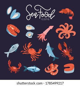 Seafood fish menu restaurant icons set flat with crab shrimps shell roll isolated vector illustration. hand drawn vector seafood icon collection. Concept idea fishes restaurant menu