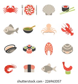 Seafood fish menu restaurant icons set flat with crab shrimps shell roll isolated vector illustration