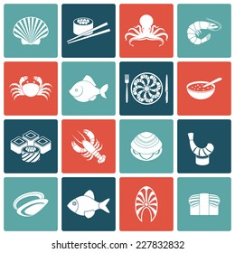 Seafood fish menu restaurant icons set flat with rolls crawfish clam prawn isolated vector illustration