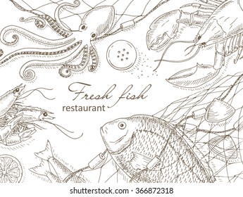 Seafood And Fish Net Background. 