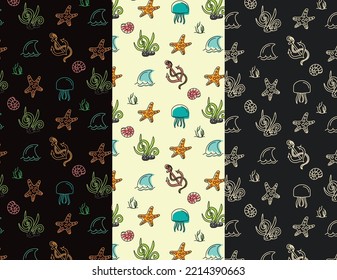 Seafood and fish pattern with  fish, calamari, lobster, crab, shrimp, prawn, mussel, herbs, shell