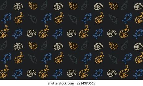 Seafood and fish pattern with  fish, calamari, lobster, crab, shrimp, prawn, mussel, herbs, shell