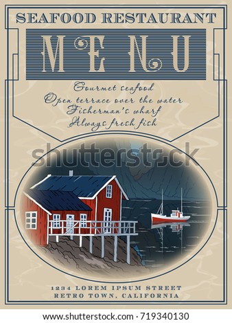 Seafood and fish restaurant sketch poster. Handmade drawing vector illustration. Vintage design.