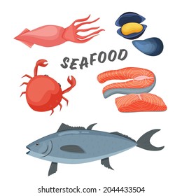 Seafood: fish salmon, trout, octopus, crab, oyster, vector cartoon set icon, colourful illustration. Sea food collection isolated on white background for products market packaging design.