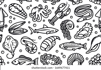 Seafood, Fish And Sea Animals Black Seamless Vector Pattern Wallpaper