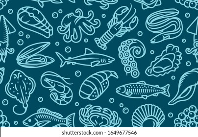 Seafood, Fish And Sea Animals Dark Blue Seamless Vector Pattern Wallpaper