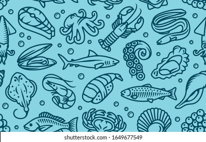 Seafood, Fish And Sea Animals Light Blue Seamless Vector Pattern Wallpaper