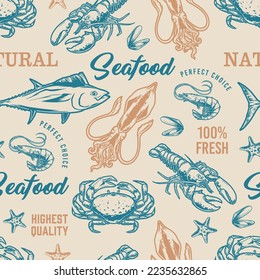 Seafood fish seamless pattern colorful ocean tuna and fresh squid or perfect shrimp with lobster for sea restaurant vector illustration