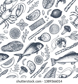 Seafood and fish seamless pattern. Hand drawn vector illustration. Can be used for design menu, packaging, recipes, label, fish market, seafood products.