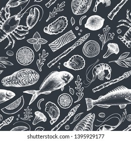 Seafood and fish seamless pattern. Hand drawn vector illustration on chalk board. Can be used for design menu, packaging, recipes, label, fish market, seafood products.
