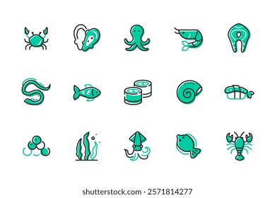 Seafood and fish - set of line design style icons