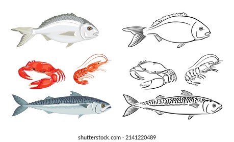 Seafood and fish set. Vector illustration of dorado, shrimp, crab and mackerel. Cartoon flat icon and black and white outline. 