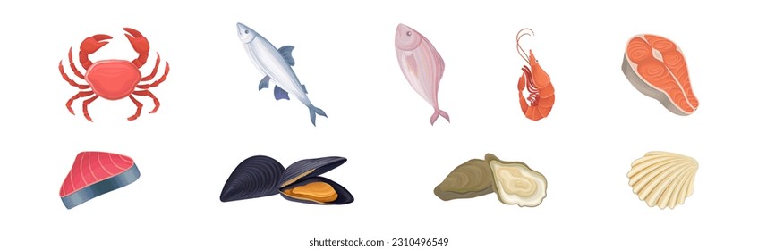 Seafood with Fish, Shrimp and Crab Vector Set