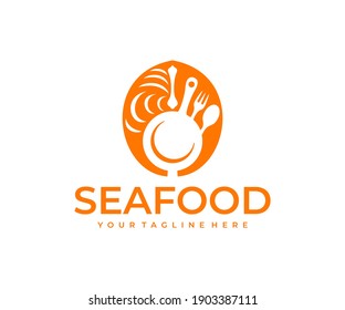 Seafood, fish, fish steak, pan, fork and spoon, logo design. Food, meal, restaurant, culinary, cuisine and kitchen, vector design and illustration