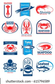 Seafood and fish symbol set. Lobster, crab, shrimp, salmon, tuna, octopus, squid and flounder fresh fish emblem for fish market label, seafood restaurant menu card or food packaging design