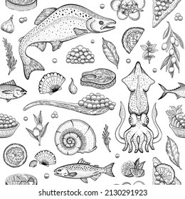 Seafood fish vector background. Sea food sketch pattern. Salmon, squid, shellfish, calamari, caviar, seashell seamless drawing. Grill menu illustration. Vintage drawn restaurant dish. Seafood pattern