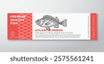 Seafood Fish Vector Label Design Package Background Layout Template. Hand Drawn Atlantic Perch Illustration and Modern Typography. Fish Silhouette Product Banner With Pattern and Engraved Drawing