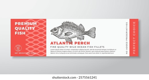 Seafood Fish Vector Label Design Package Background Layout Template. Hand Drawn Atlantic Perch Illustration and Modern Typography. Fish Silhouette Product Banner With Pattern and Engraved Drawing