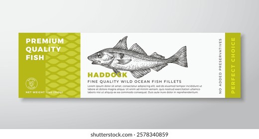 Seafood Fish Vector Label Design Package Background Layout Template. Hand Drawn Haddock Illustration and Modern Typography. Fish Silhouette Product Banner With Pattern and Engraved Drawing