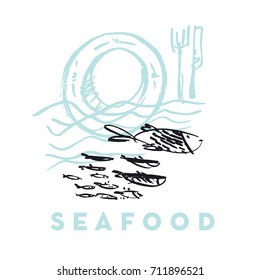 seafood fish and wave abstract hand drawn design elements for menu, poster, invitation. vector traced graphic illustration