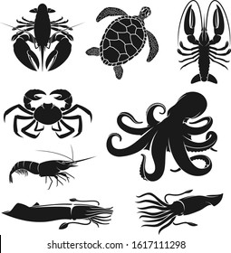 Seafood and fishery crustacean, animals silhouette icons. Vector octopus, shrimp or prawn and ocean cuttlefish, lobster or crab and turtle, sea crawfish and crayfish sea food symbols