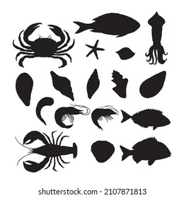 seafood fishes set silhouette simplified shapes shrimp crab 