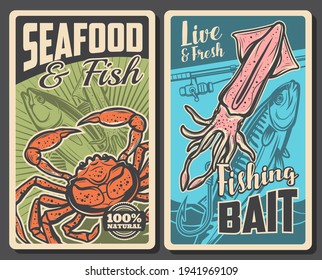 Seafood And Fishing Bait Store Banner. Fresh Tuna And Mackerel Fish, Live Sea Crab And Squid, Rod With Reel And Hook Vector. Seafood Market Or Restaurant, Fishing Equipment Shop Retro Posters