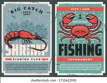 Seafood fishing club and fisher tournament, vector retro vintage posters. Professional fisherman lures and tackles for seafood shrimp, prawn and ocean lobster crab, corals and ship anchor